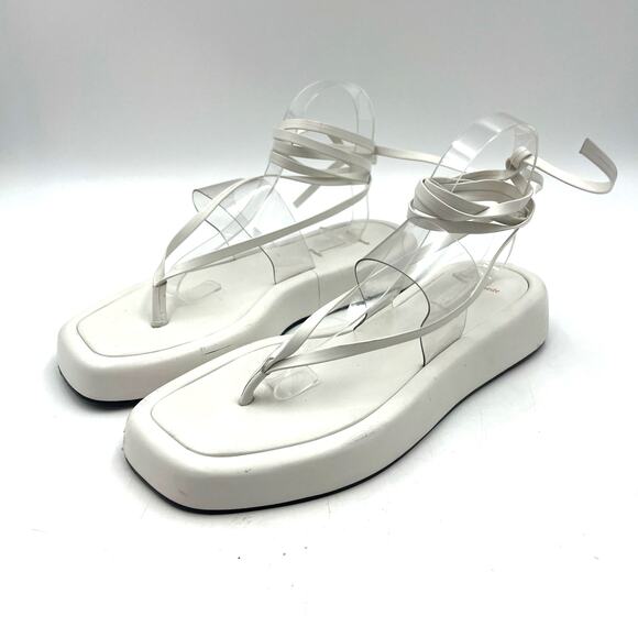 Black Suede Studio Callie Leather Platforms White Leather Thong Wrap Sandals - Picture 2 of 9